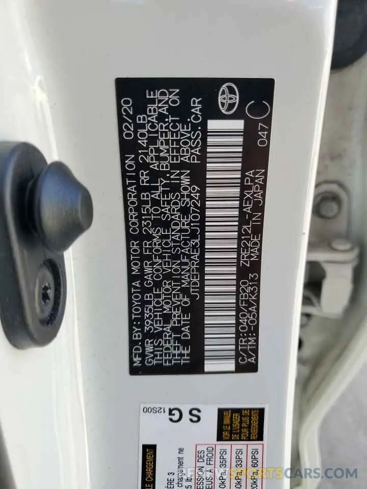 12 Photograph of a damaged car JTDEPRAE3LJ107249 TOYOTA COROLLA 2020
