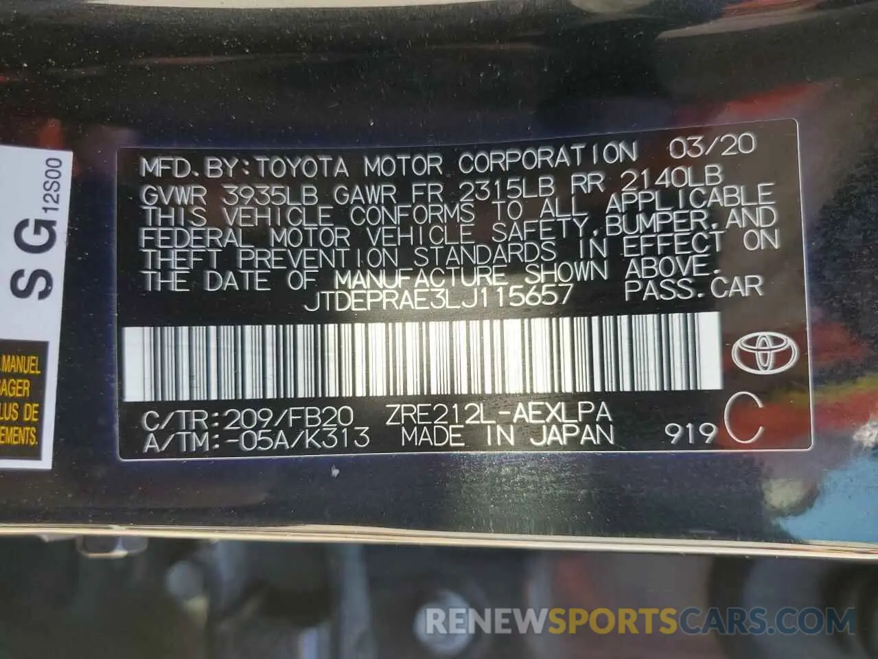 12 Photograph of a damaged car JTDEPRAE3LJ115657 TOYOTA COROLLA 2020