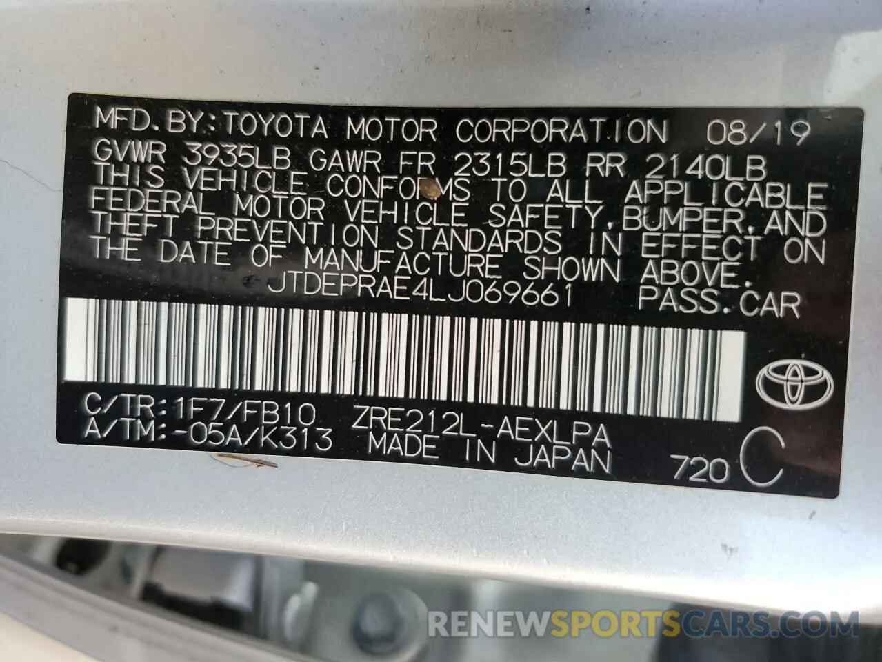 13 Photograph of a damaged car JTDEPRAE4LJ069661 TOYOTA COROLLA 2020