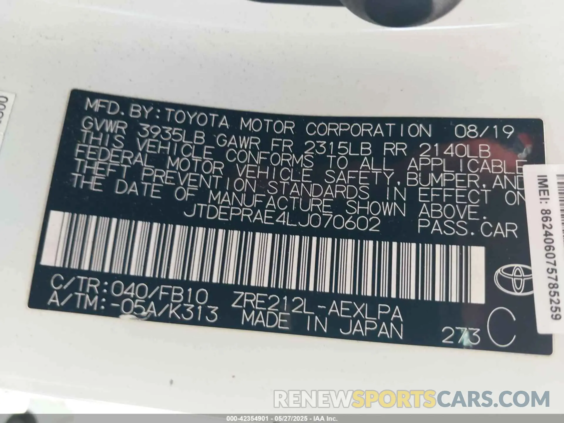 9 Photograph of a damaged car JTDEPRAE4LJ070602 TOYOTA COROLLA 2020