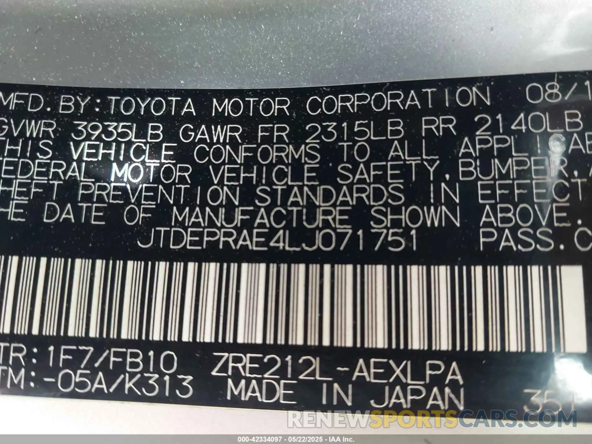 9 Photograph of a damaged car JTDEPRAE4LJ071751 TOYOTA COROLLA 2020