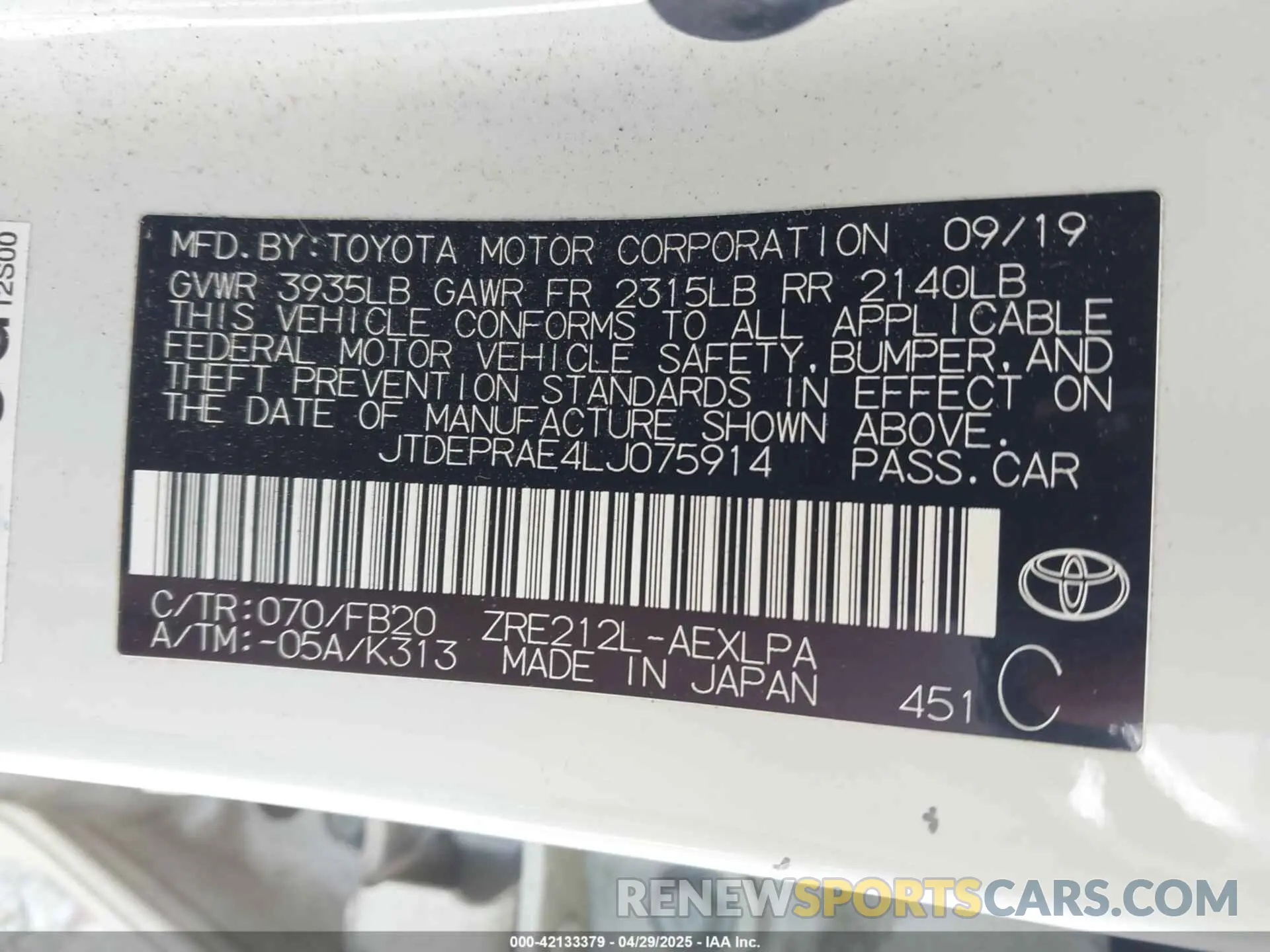 9 Photograph of a damaged car JTDEPRAE4LJ075914 TOYOTA COROLLA 2020