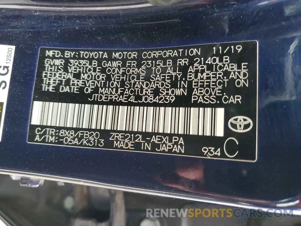 13 Photograph of a damaged car JTDEPRAE4LJ084239 TOYOTA COROLLA 2020