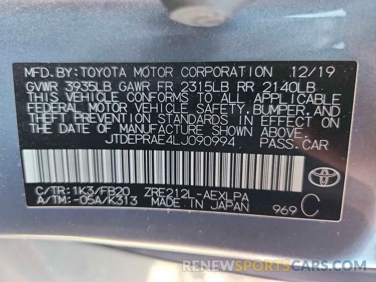 13 Photograph of a damaged car JTDEPRAE4LJ090994 TOYOTA COROLLA 2020