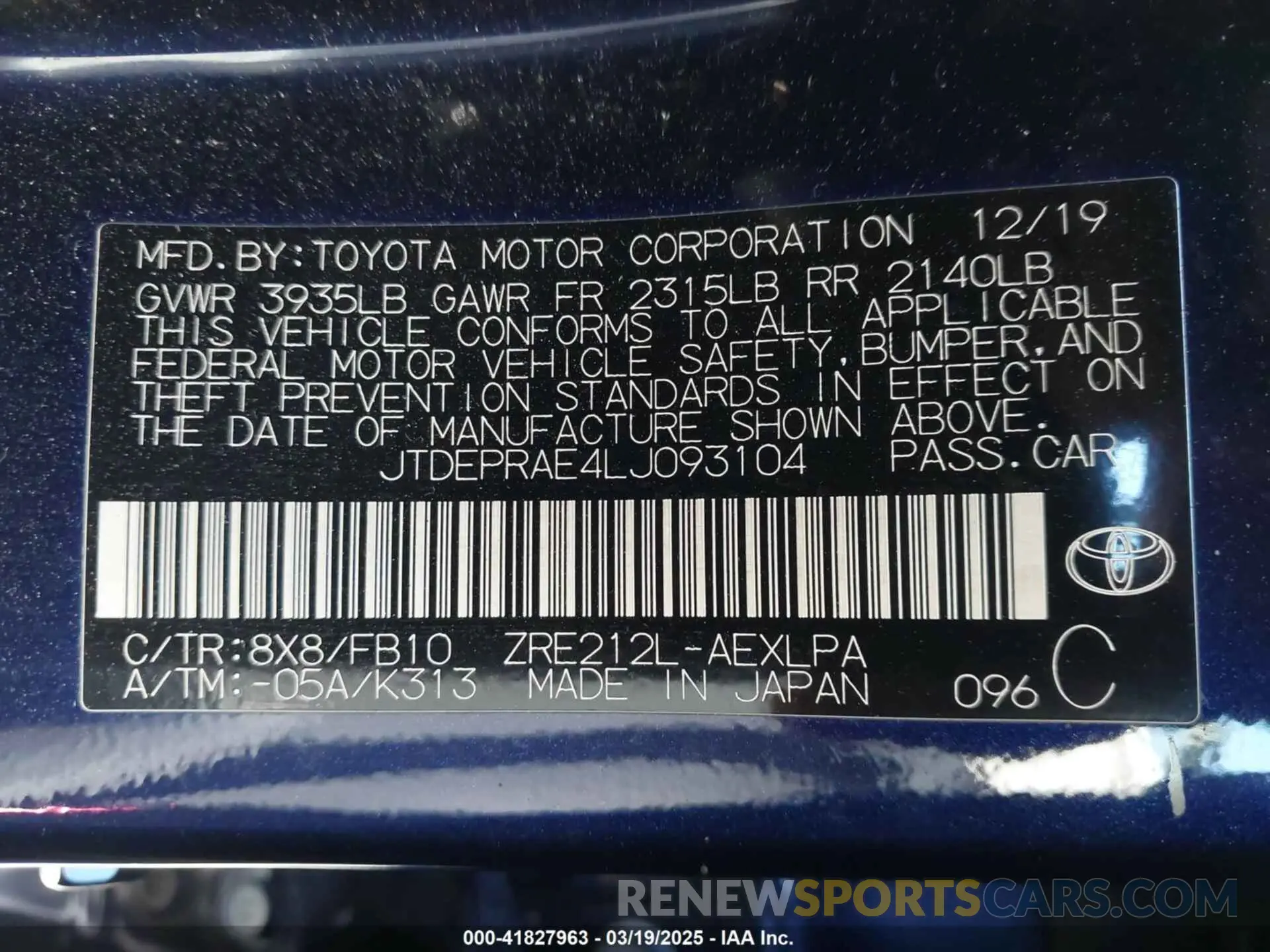 9 Photograph of a damaged car JTDEPRAE4LJ093104 TOYOTA COROLLA 2020