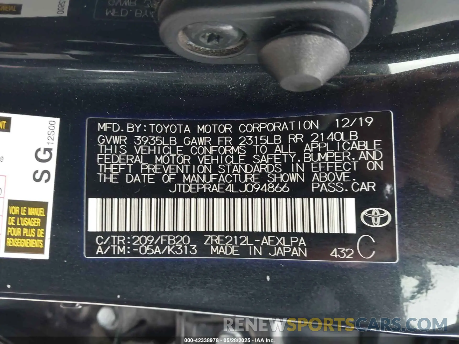 9 Photograph of a damaged car JTDEPRAE4LJ094866 TOYOTA COROLLA 2020