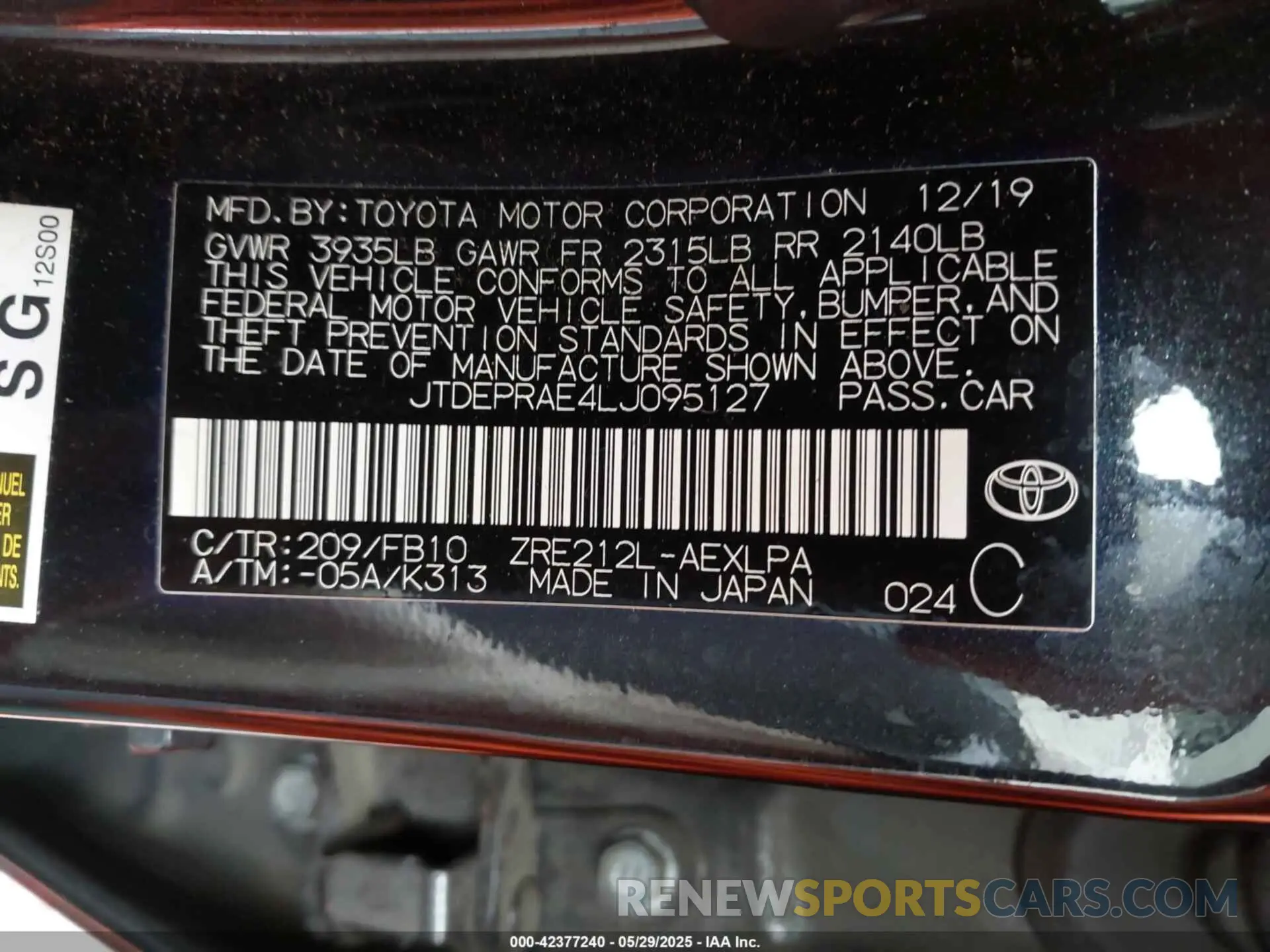 9 Photograph of a damaged car JTDEPRAE4LJ095127 TOYOTA COROLLA 2020
