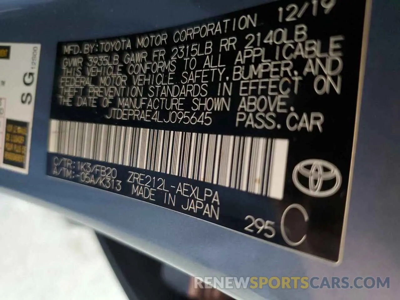 12 Photograph of a damaged car JTDEPRAE4LJ095645 TOYOTA COROLLA 2020