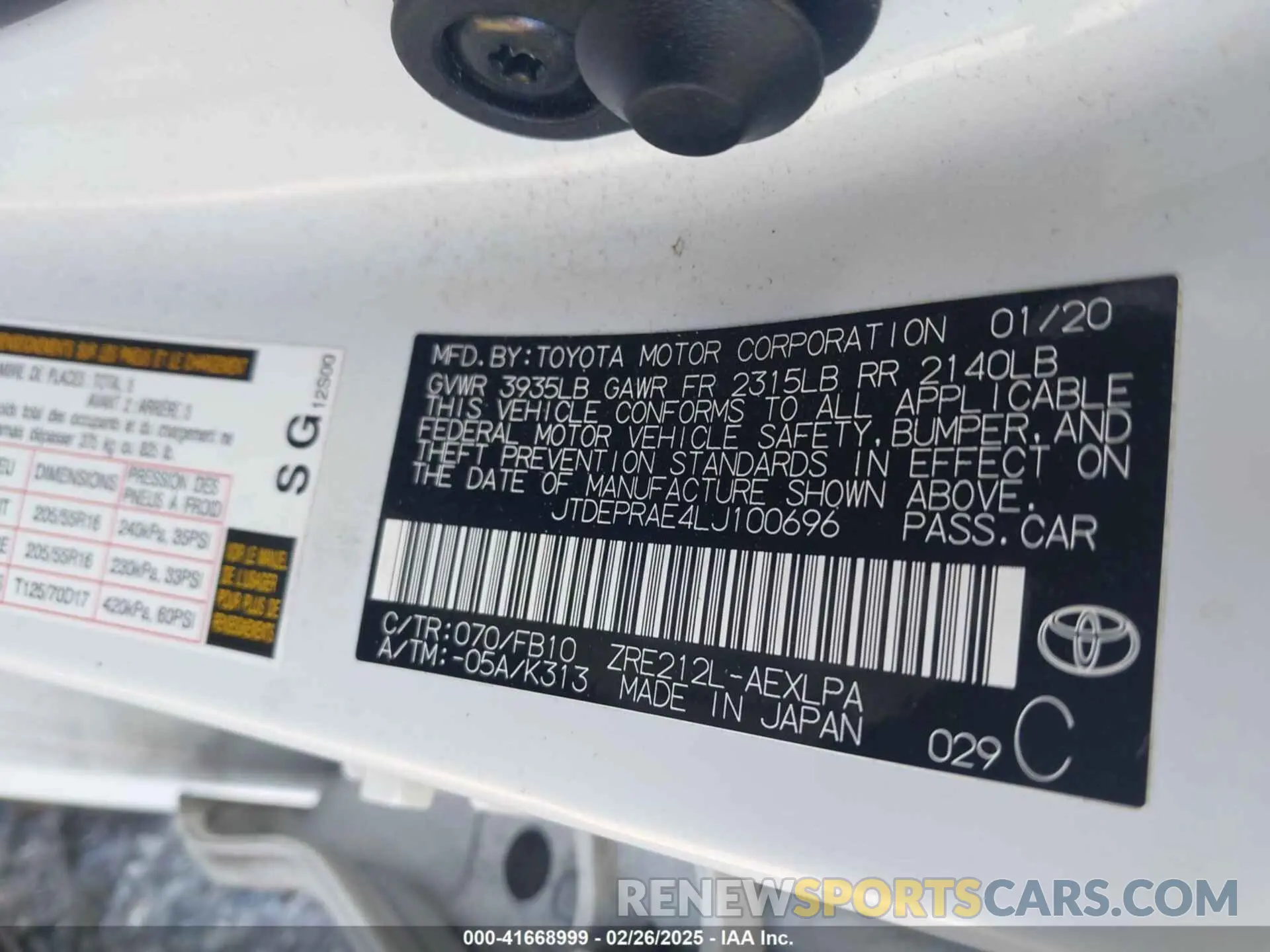 9 Photograph of a damaged car JTDEPRAE4LJ100696 TOYOTA COROLLA 2020