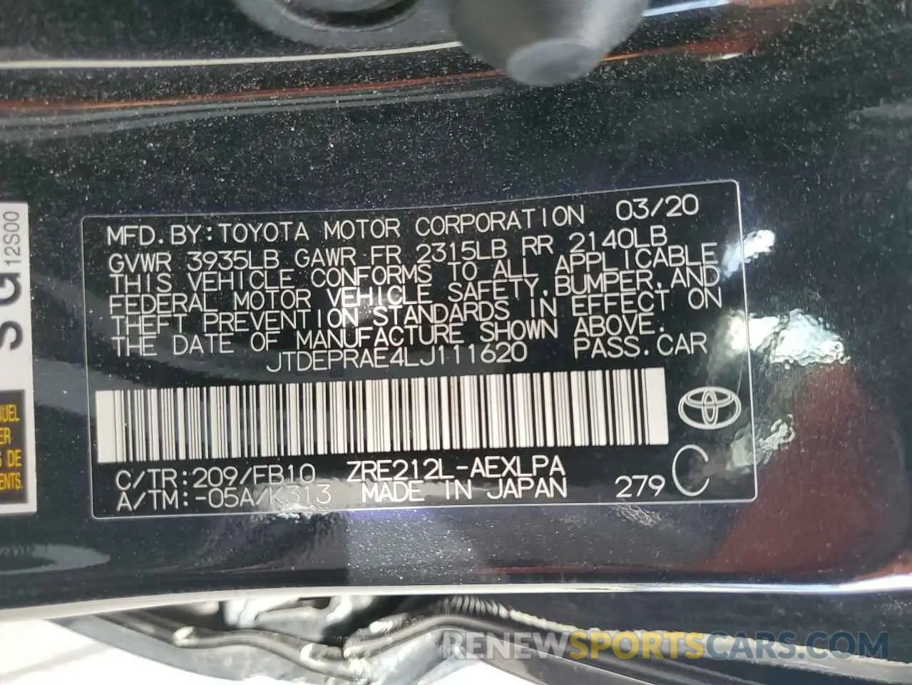 12 Photograph of a damaged car JTDEPRAE4LJ111620 TOYOTA COROLLA 2020