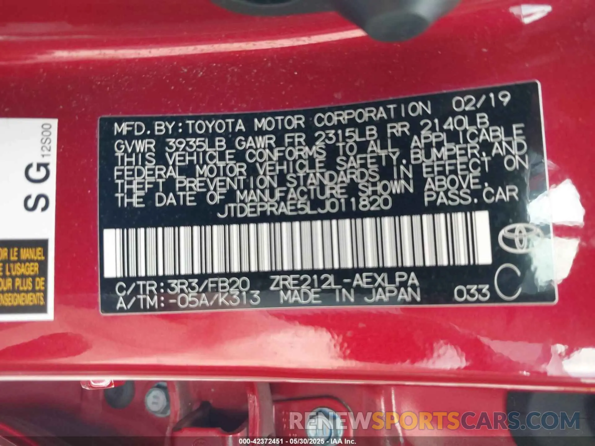 9 Photograph of a damaged car JTDEPRAE5LJ011820 TOYOTA COROLLA 2020
