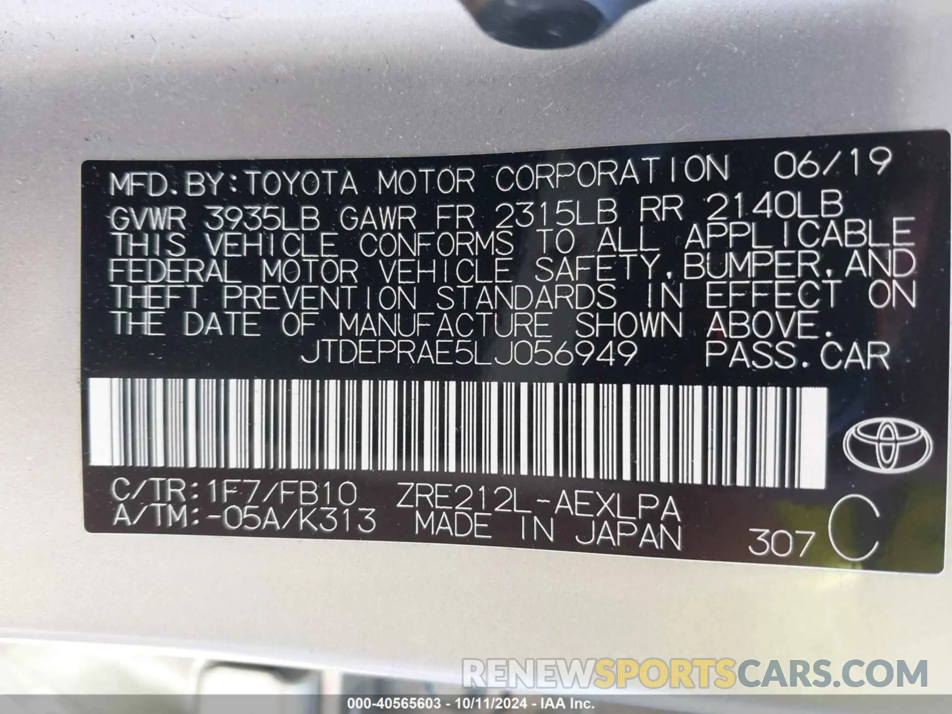 9 Photograph of a damaged car JTDEPRAE5LJ056949 TOYOTA COROLLA 2020