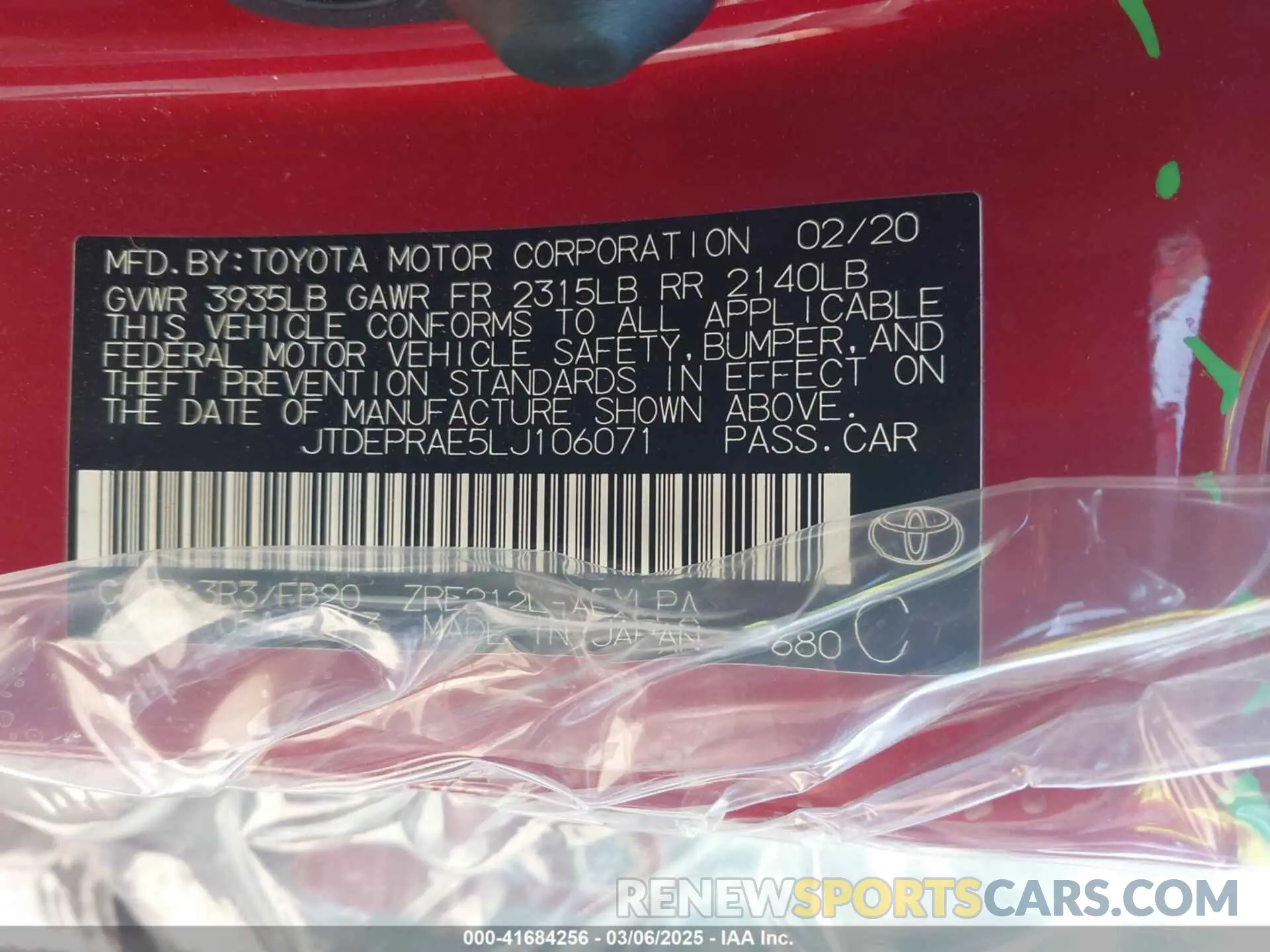 9 Photograph of a damaged car JTDEPRAE5LJ106071 TOYOTA COROLLA 2020