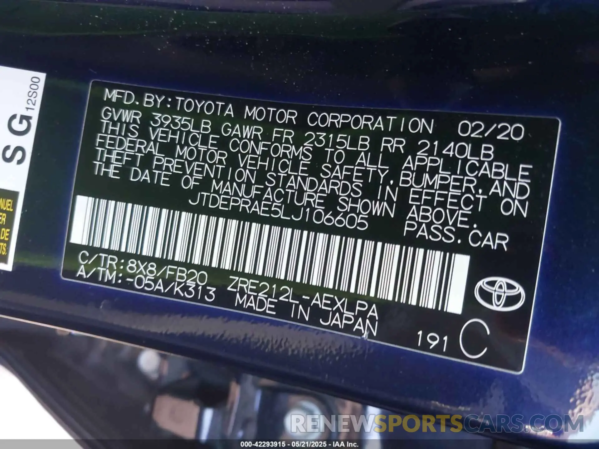 9 Photograph of a damaged car JTDEPRAE5LJ106605 TOYOTA COROLLA 2020