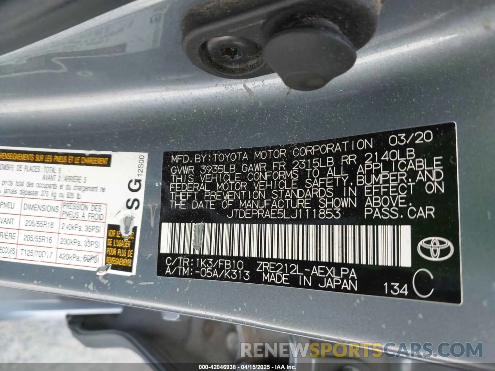 9 Photograph of a damaged car JTDEPRAE5LJ111853 TOYOTA COROLLA 2020