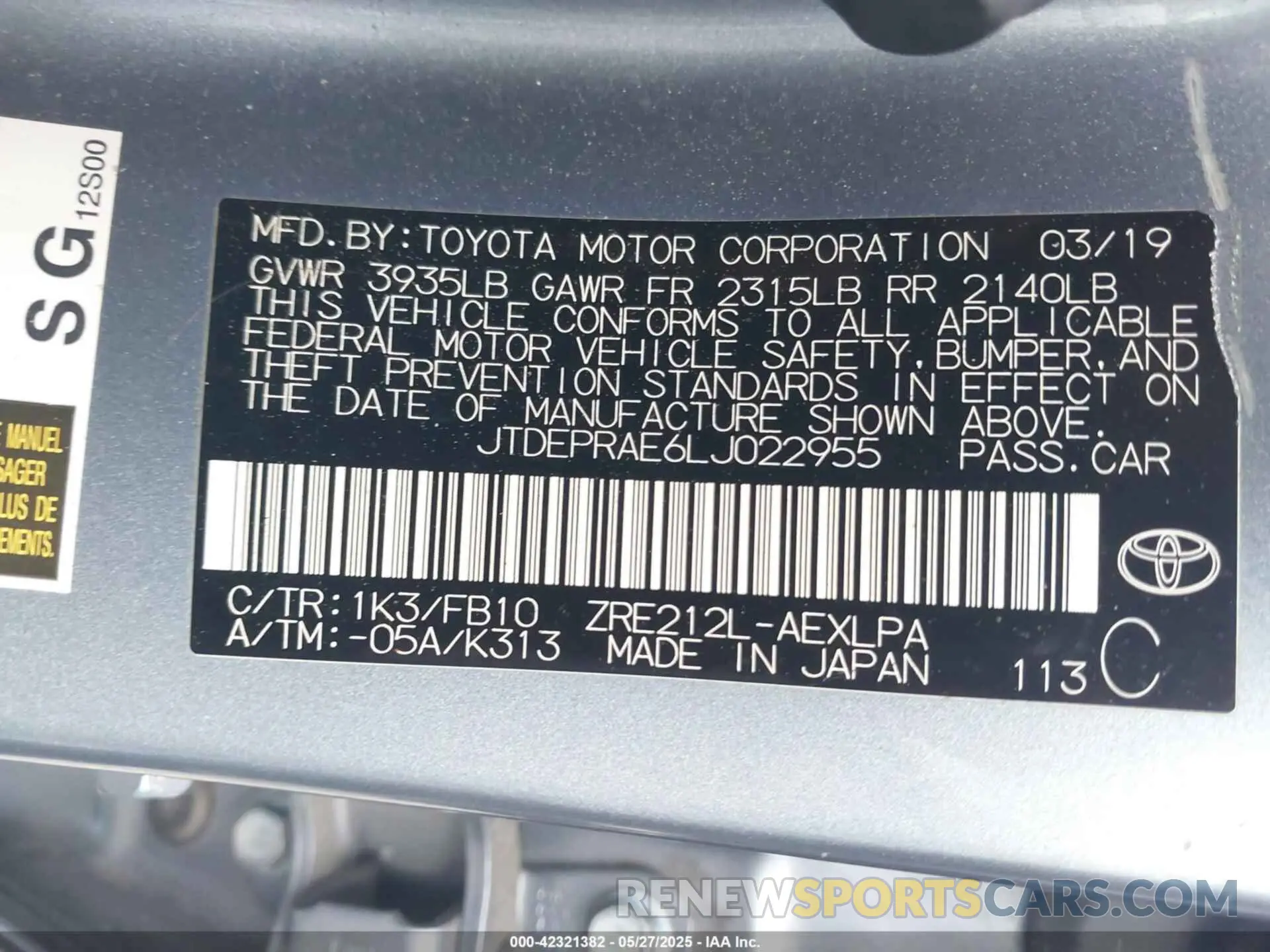 9 Photograph of a damaged car JTDEPRAE6LJ022955 TOYOTA COROLLA 2020