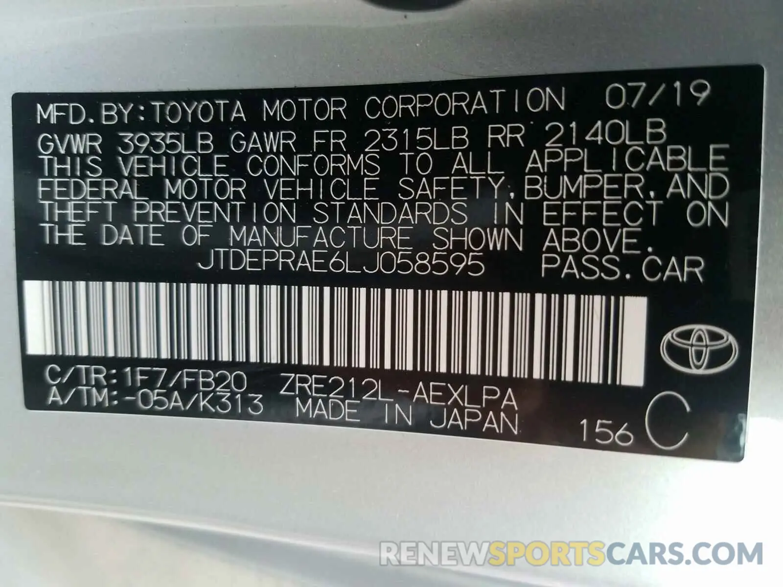 10 Photograph of a damaged car JTDEPRAE6LJ058595 TOYOTA COROLLA 2020