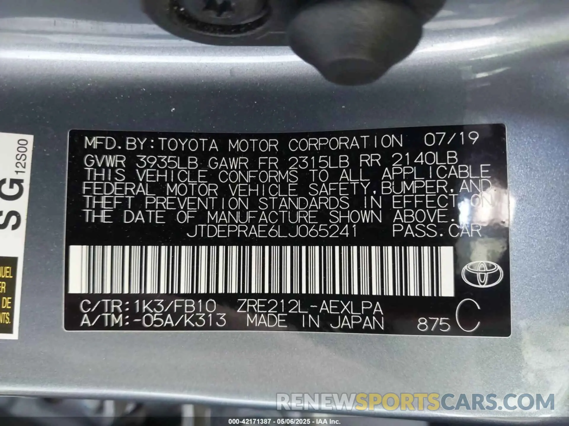 9 Photograph of a damaged car JTDEPRAE6LJ065241 TOYOTA COROLLA 2020