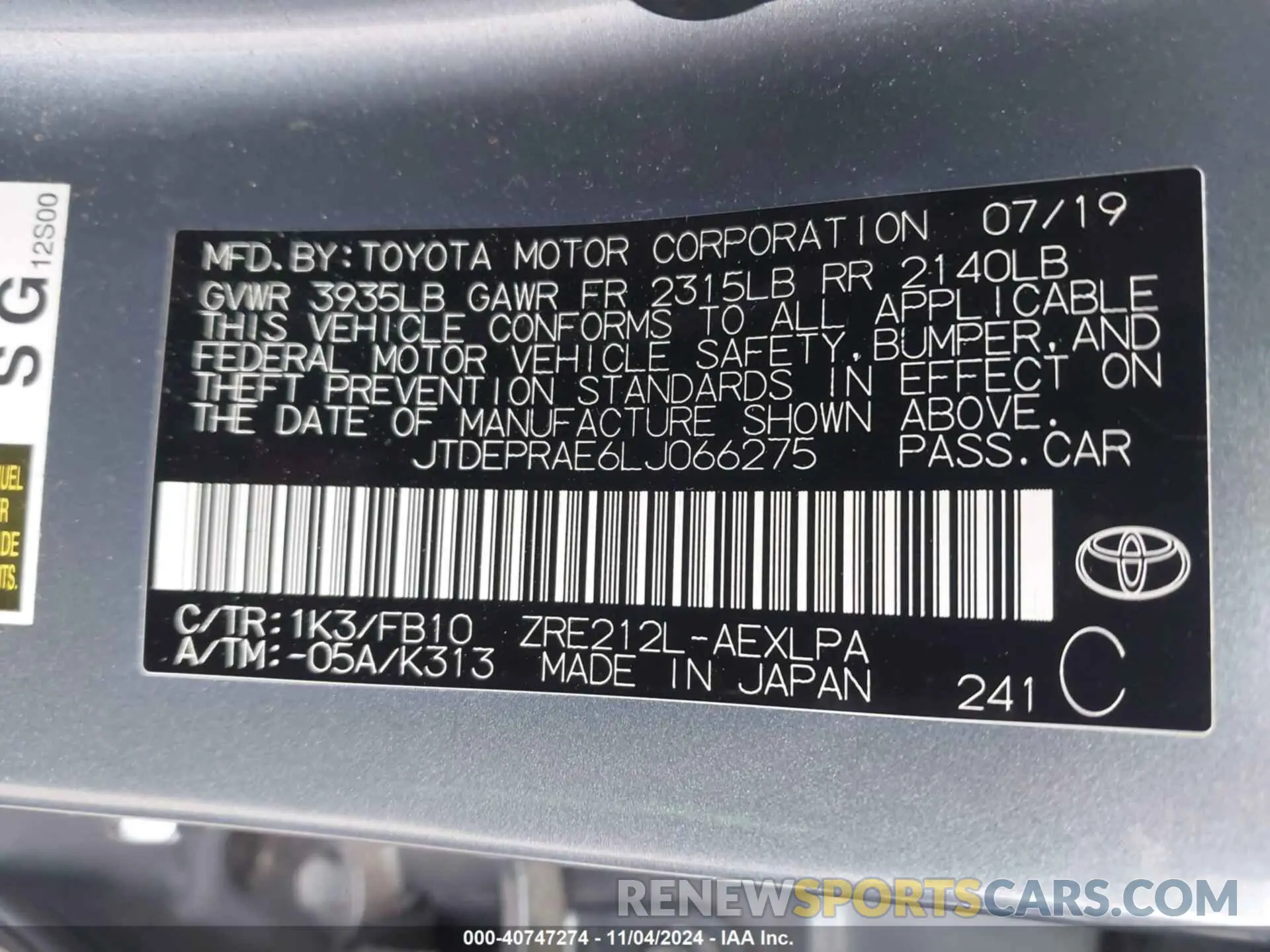 9 Photograph of a damaged car JTDEPRAE6LJ066275 TOYOTA COROLLA 2020