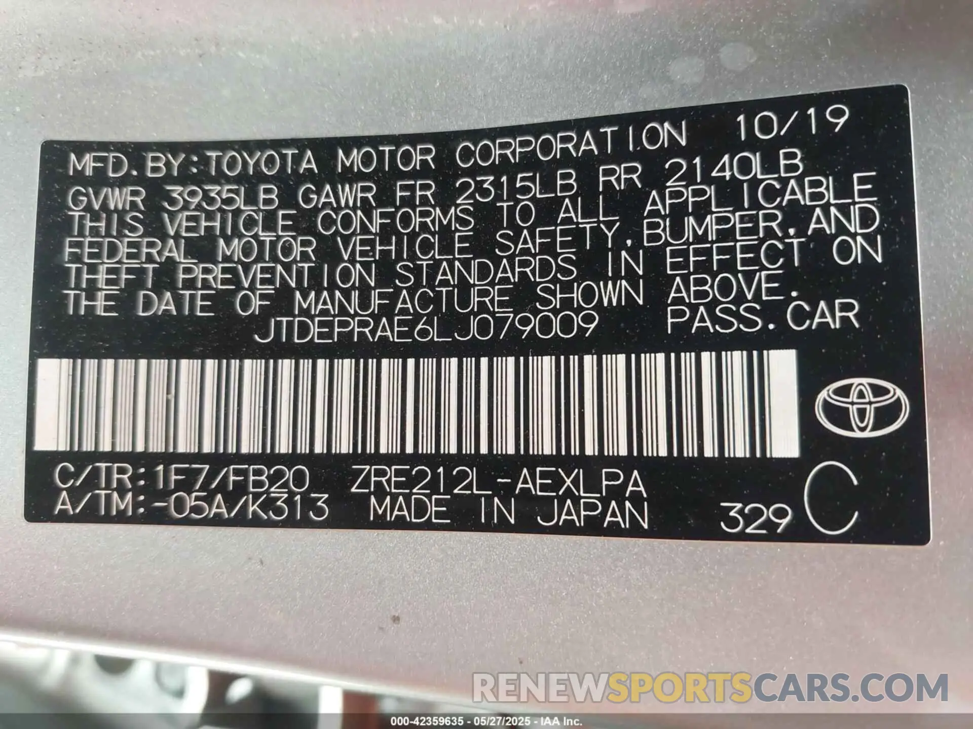 9 Photograph of a damaged car JTDEPRAE6LJ079009 TOYOTA COROLLA 2020
