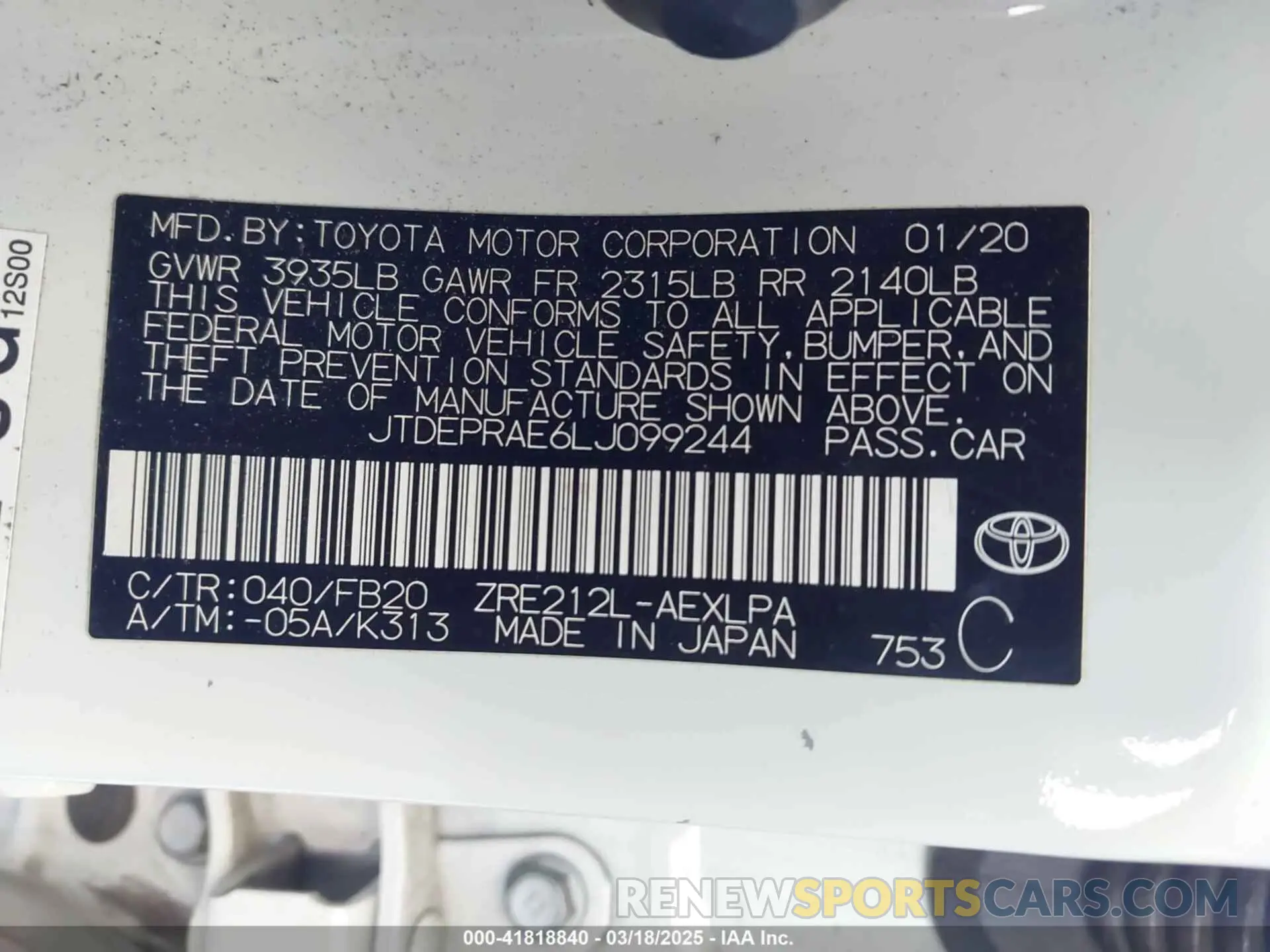 9 Photograph of a damaged car JTDEPRAE6LJ099244 TOYOTA COROLLA 2020