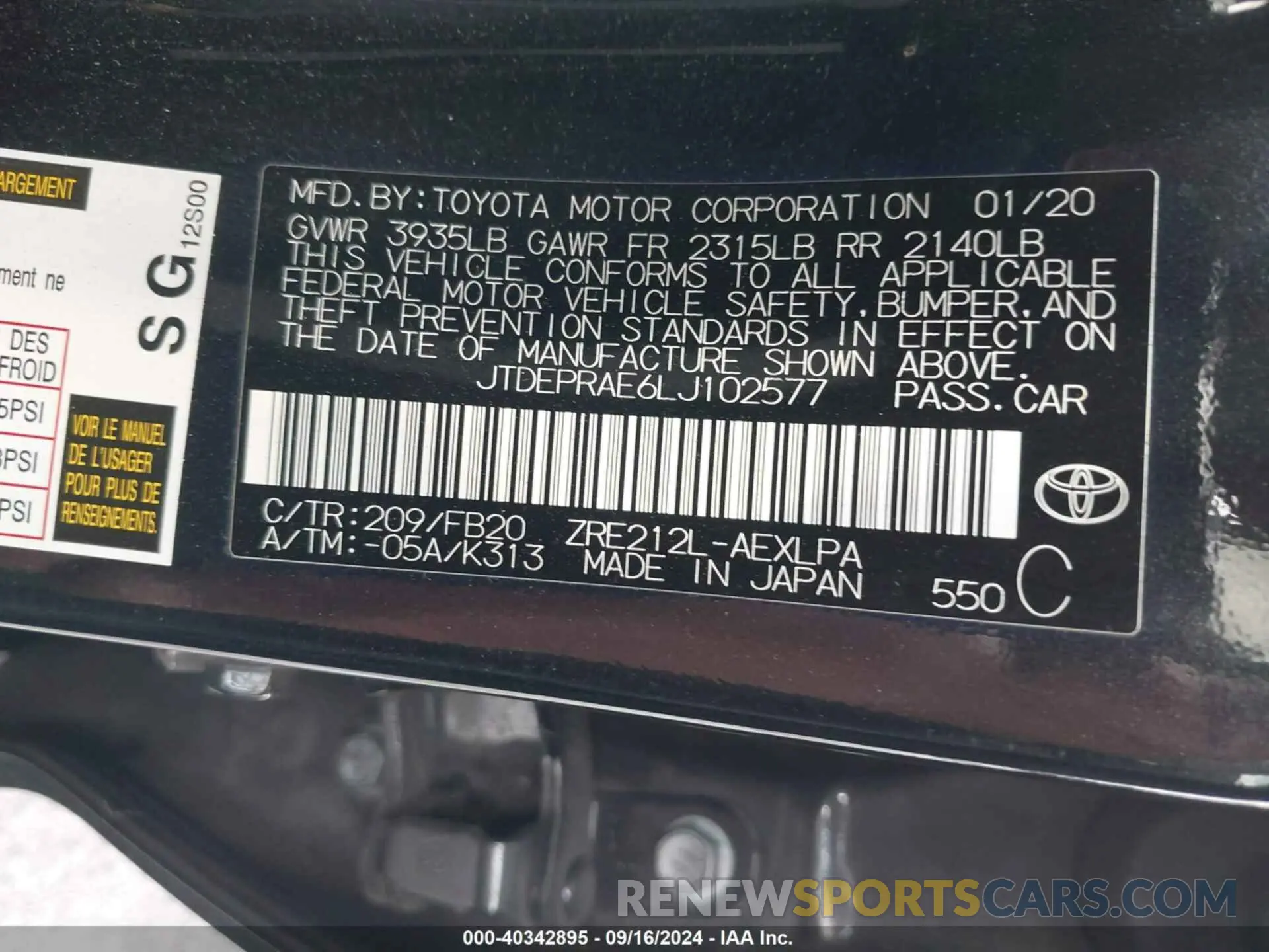 9 Photograph of a damaged car JTDEPRAE6LJ102577 TOYOTA COROLLA 2020