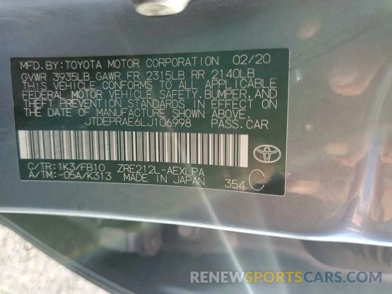 12 Photograph of a damaged car JTDEPRAE6LJ106998 TOYOTA COROLLA 2020