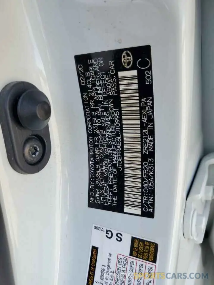 12 Photograph of a damaged car JTDEPRAE6LJ109951 TOYOTA COROLLA 2020
