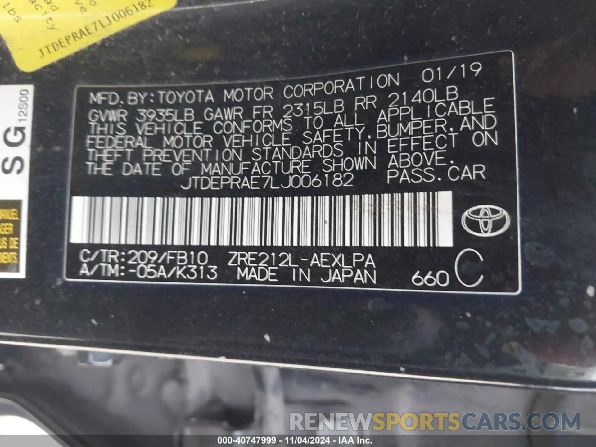 9 Photograph of a damaged car JTDEPRAE7LJ006182 TOYOTA COROLLA 2020