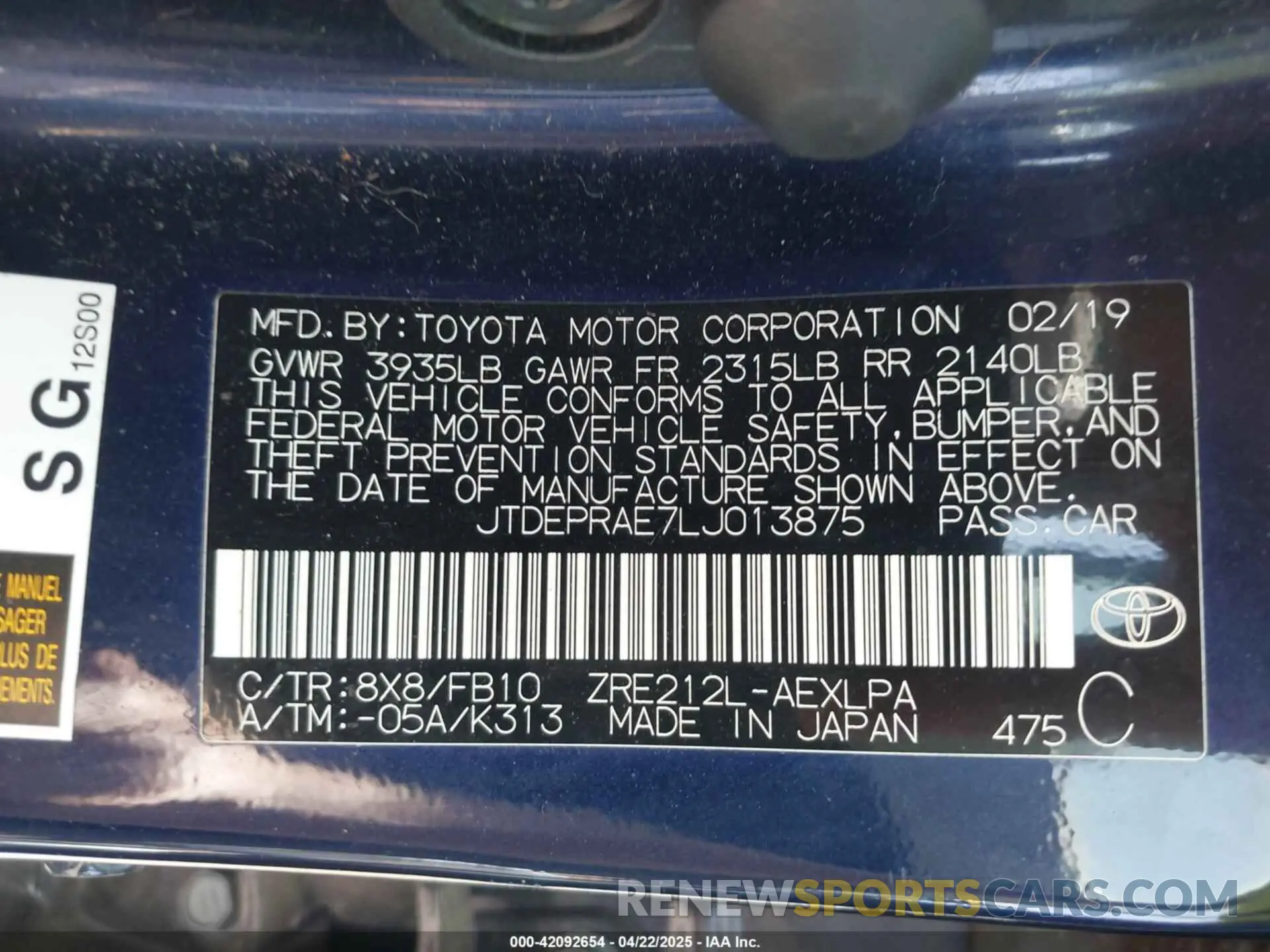 9 Photograph of a damaged car JTDEPRAE7LJ013875 TOYOTA COROLLA 2020