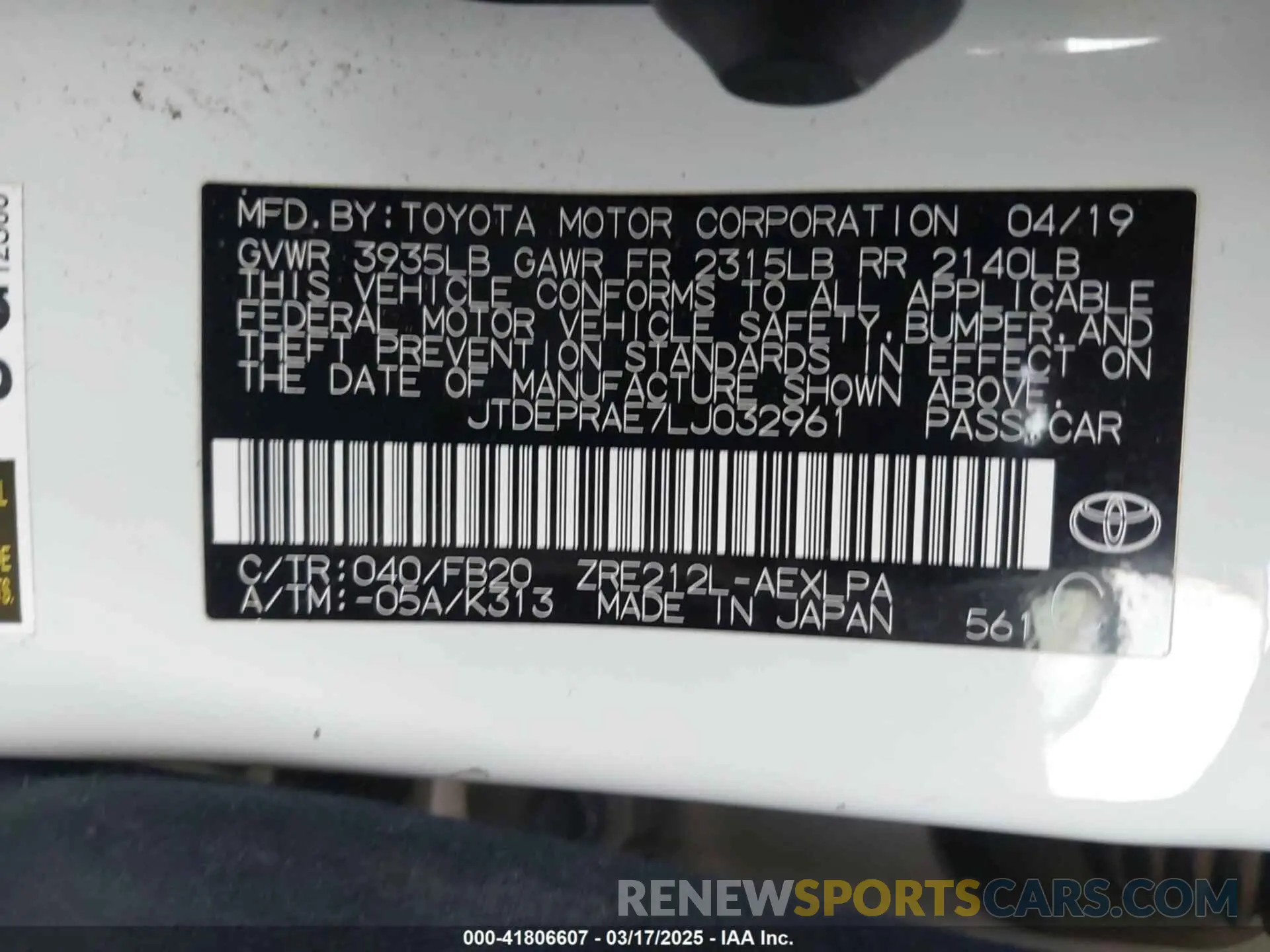9 Photograph of a damaged car JTDEPRAE7LJ032961 TOYOTA COROLLA 2020