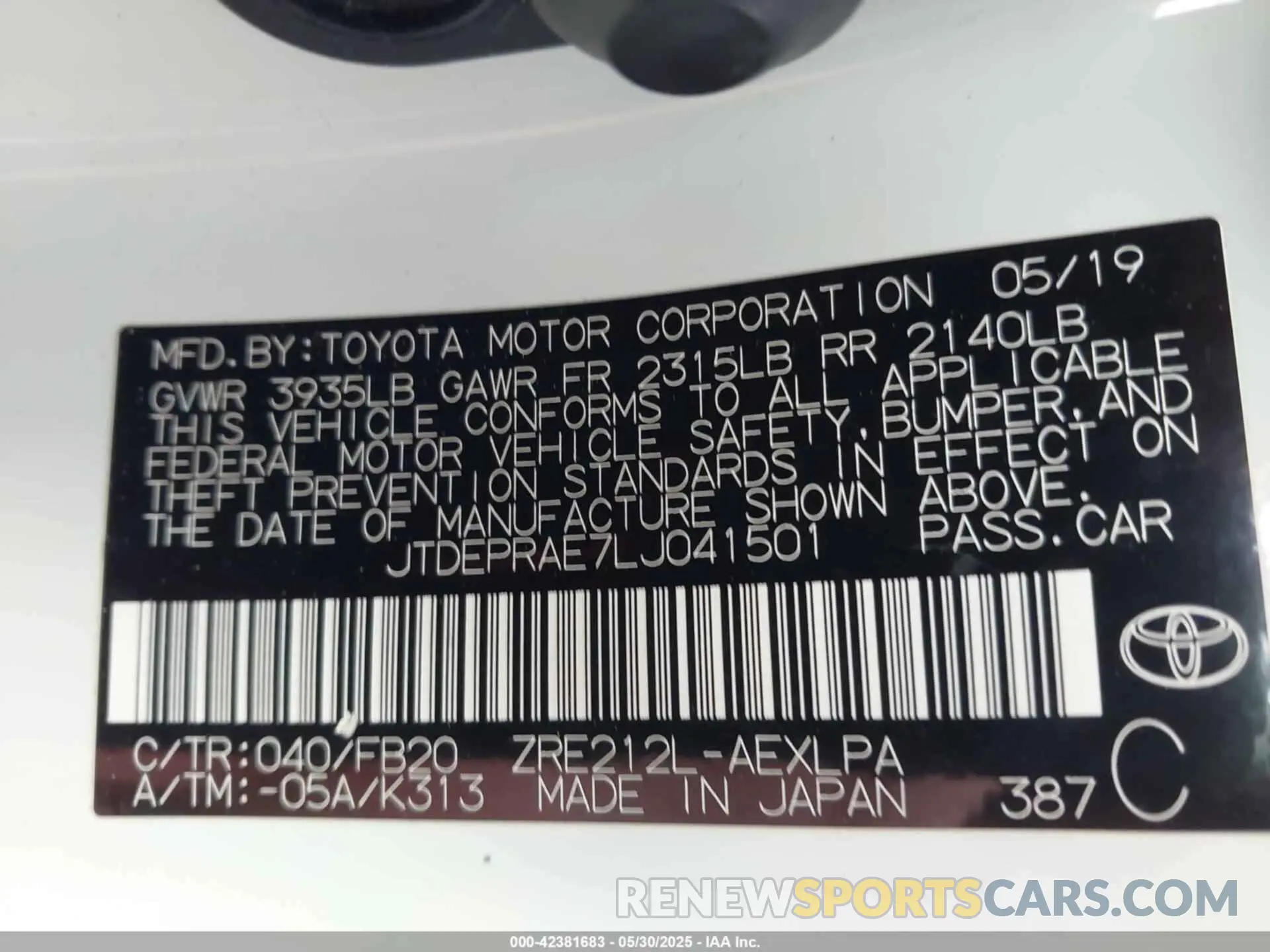 9 Photograph of a damaged car JTDEPRAE7LJ041501 TOYOTA COROLLA 2020