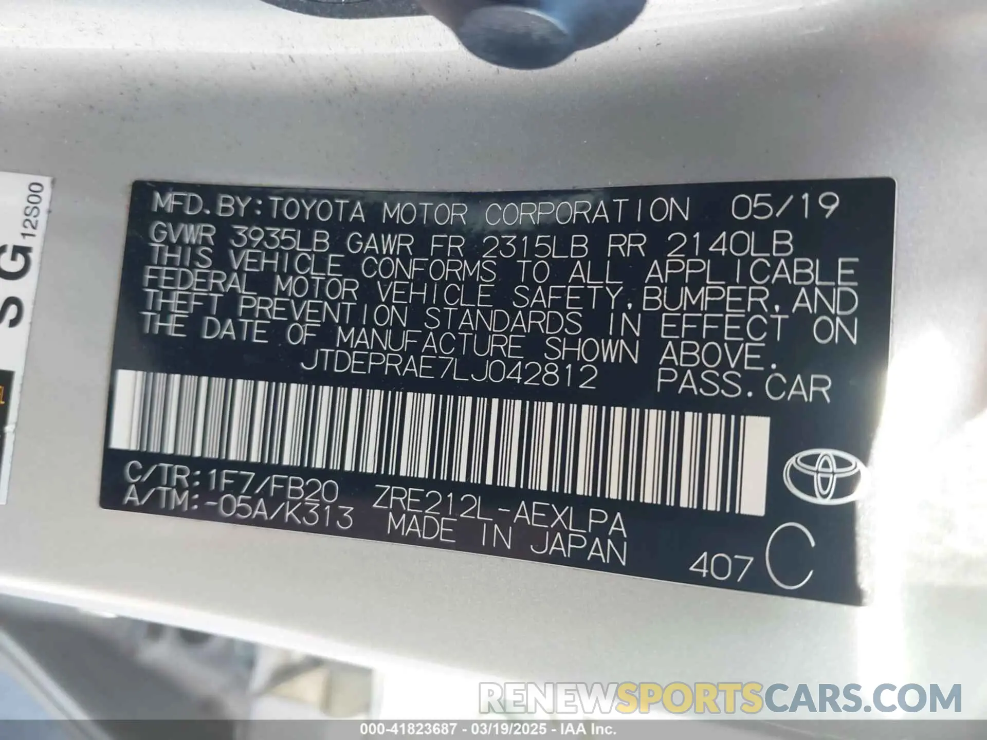9 Photograph of a damaged car JTDEPRAE7LJ042812 TOYOTA COROLLA 2020