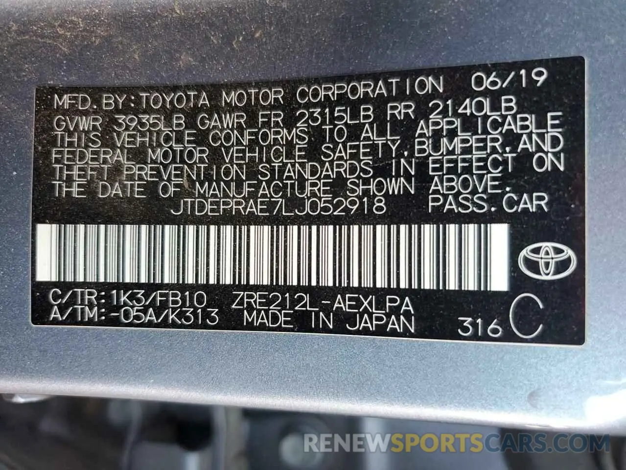 13 Photograph of a damaged car JTDEPRAE7LJ052918 TOYOTA COROLLA 2020