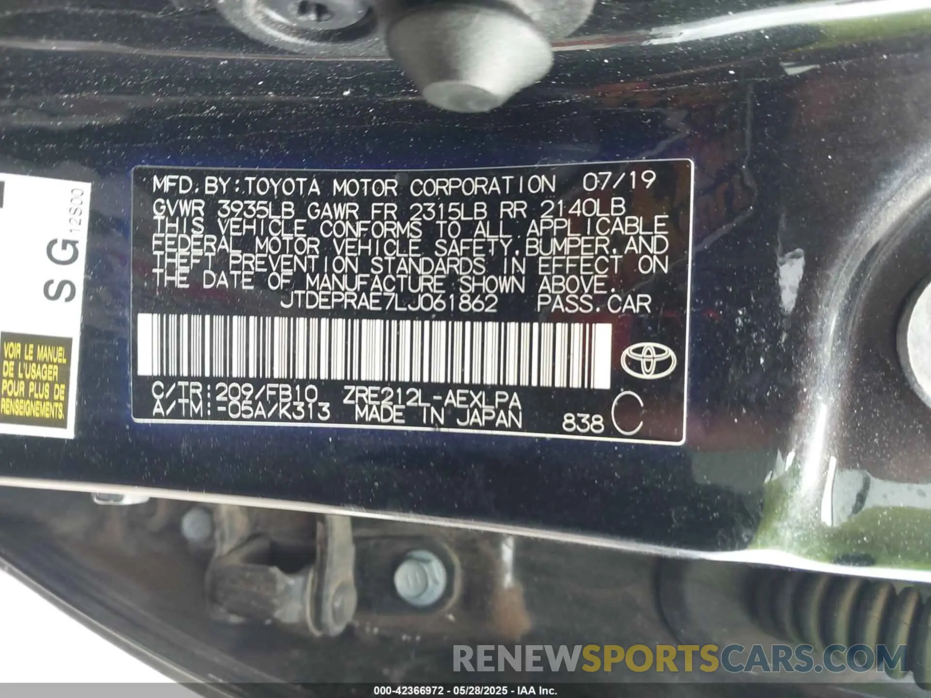 9 Photograph of a damaged car JTDEPRAE7LJ061862 TOYOTA COROLLA 2020