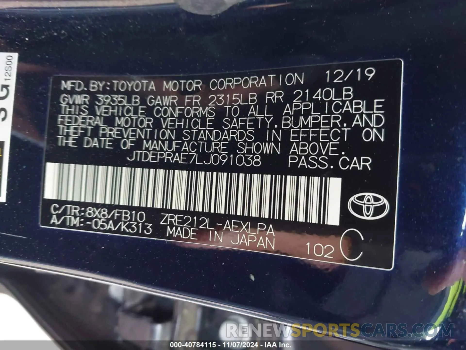 9 Photograph of a damaged car JTDEPRAE7LJ091038 TOYOTA COROLLA 2020