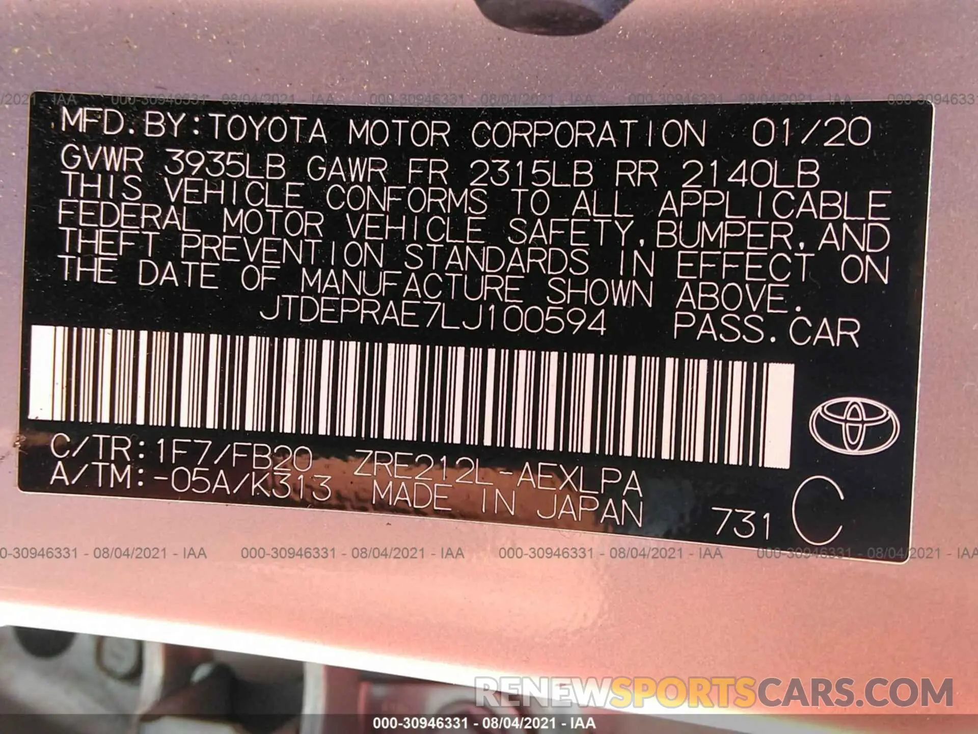 9 Photograph of a damaged car JTDEPRAE7LJ100594 TOYOTA COROLLA 2020