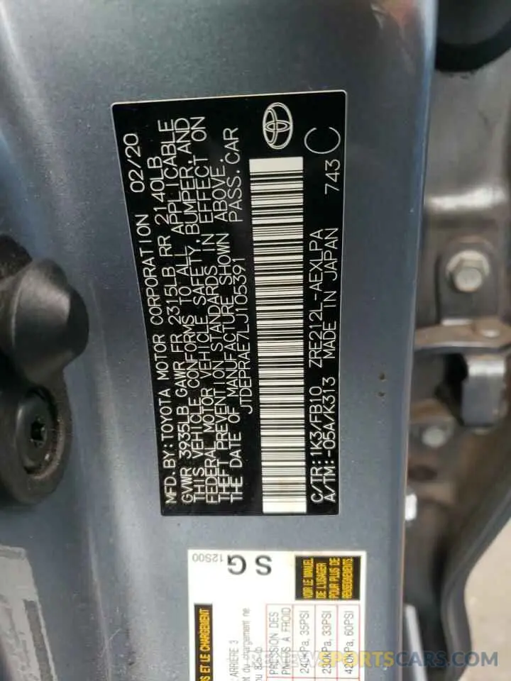 12 Photograph of a damaged car JTDEPRAE7LJ105391 TOYOTA COROLLA 2020