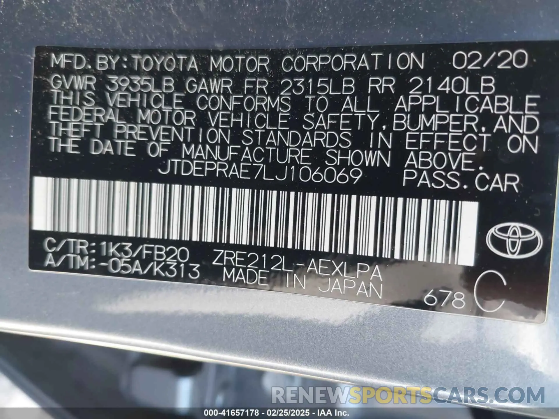 9 Photograph of a damaged car JTDEPRAE7LJ106069 TOYOTA COROLLA 2020