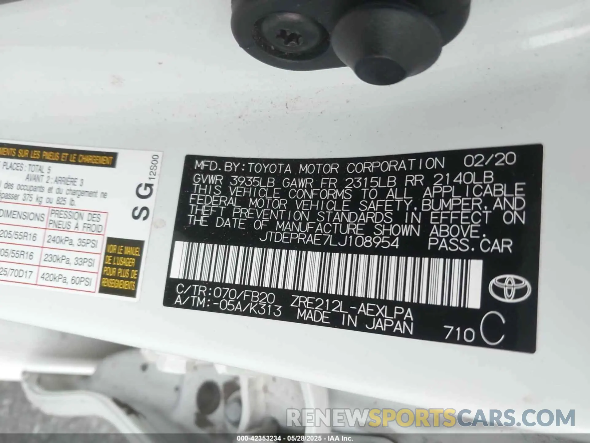 9 Photograph of a damaged car JTDEPRAE7LJ108954 TOYOTA COROLLA 2020