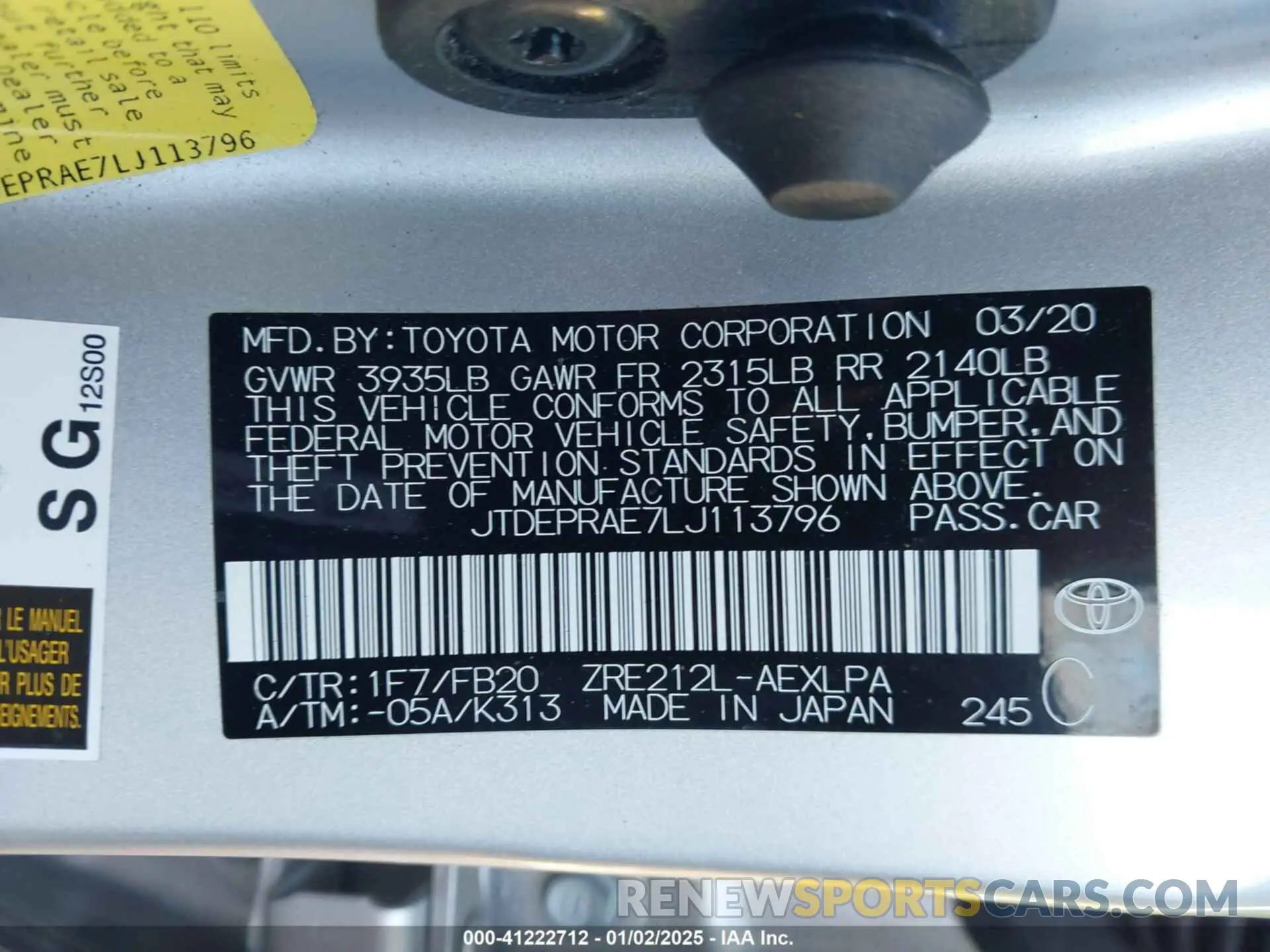 9 Photograph of a damaged car JTDEPRAE7LJ113796 TOYOTA COROLLA 2020