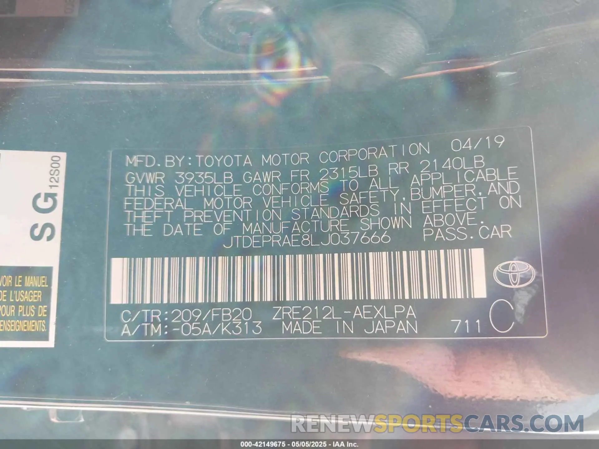 9 Photograph of a damaged car JTDEPRAE8LJ037666 TOYOTA COROLLA 2020