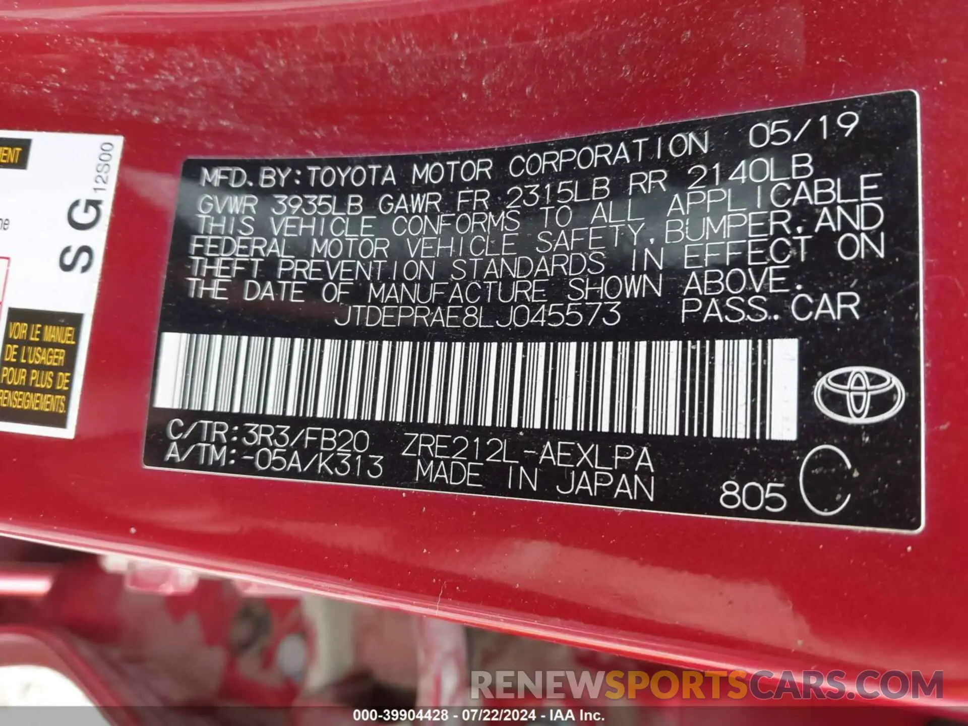 9 Photograph of a damaged car JTDEPRAE8LJ045573 TOYOTA COROLLA 2020
