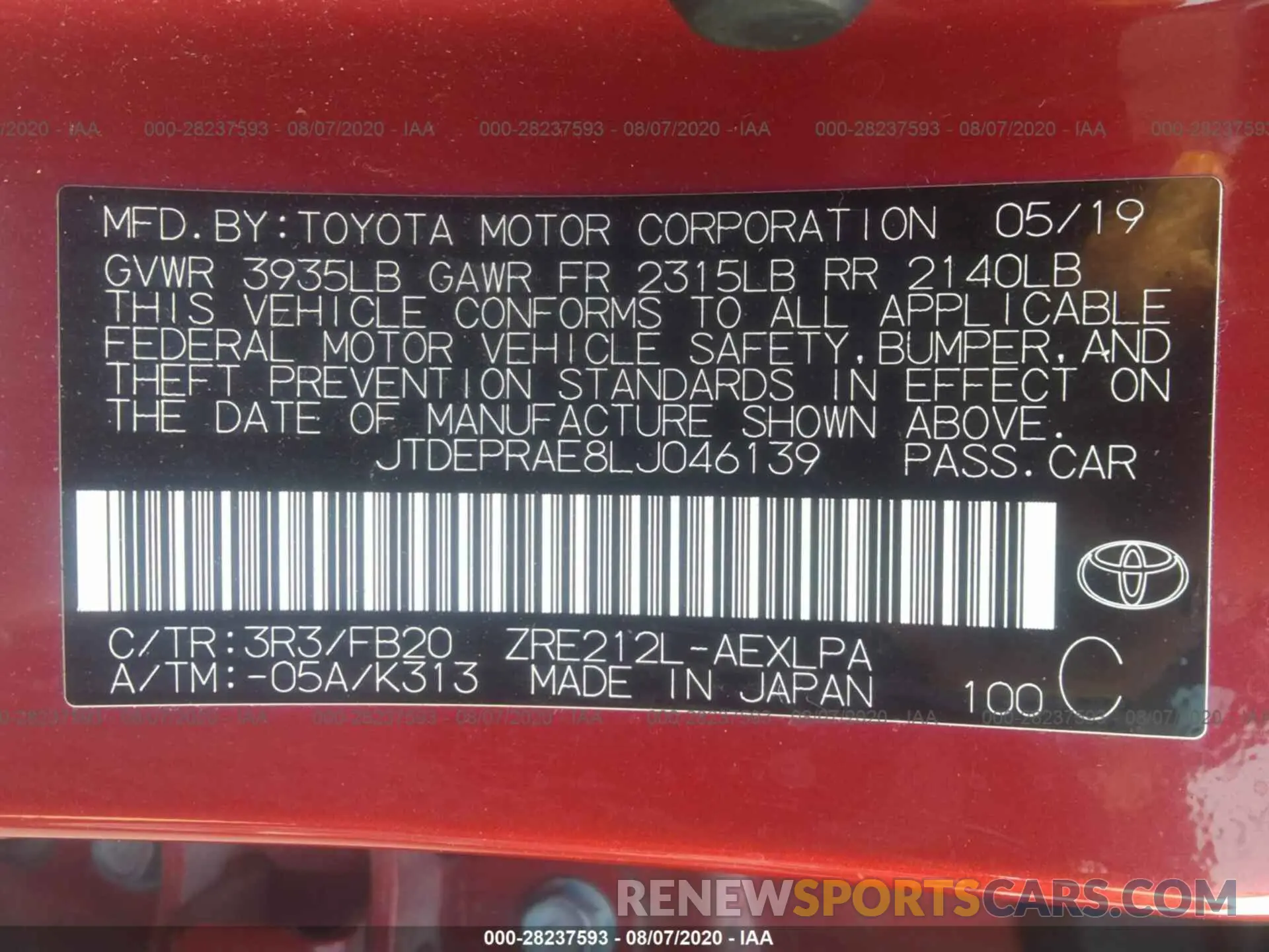 9 Photograph of a damaged car JTDEPRAE8LJ046139 TOYOTA COROLLA 2020
