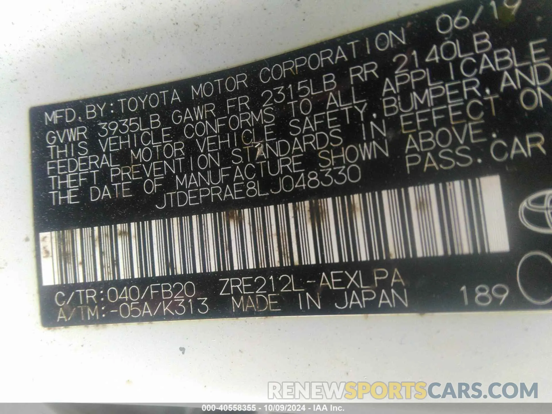 9 Photograph of a damaged car JTDEPRAE8LJ048330 TOYOTA COROLLA 2020