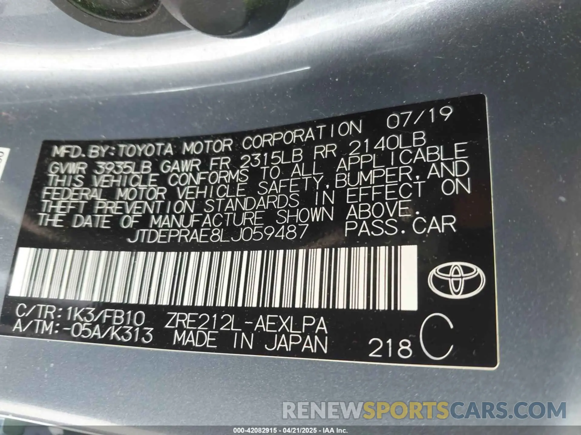 9 Photograph of a damaged car JTDEPRAE8LJ059487 TOYOTA COROLLA 2020
