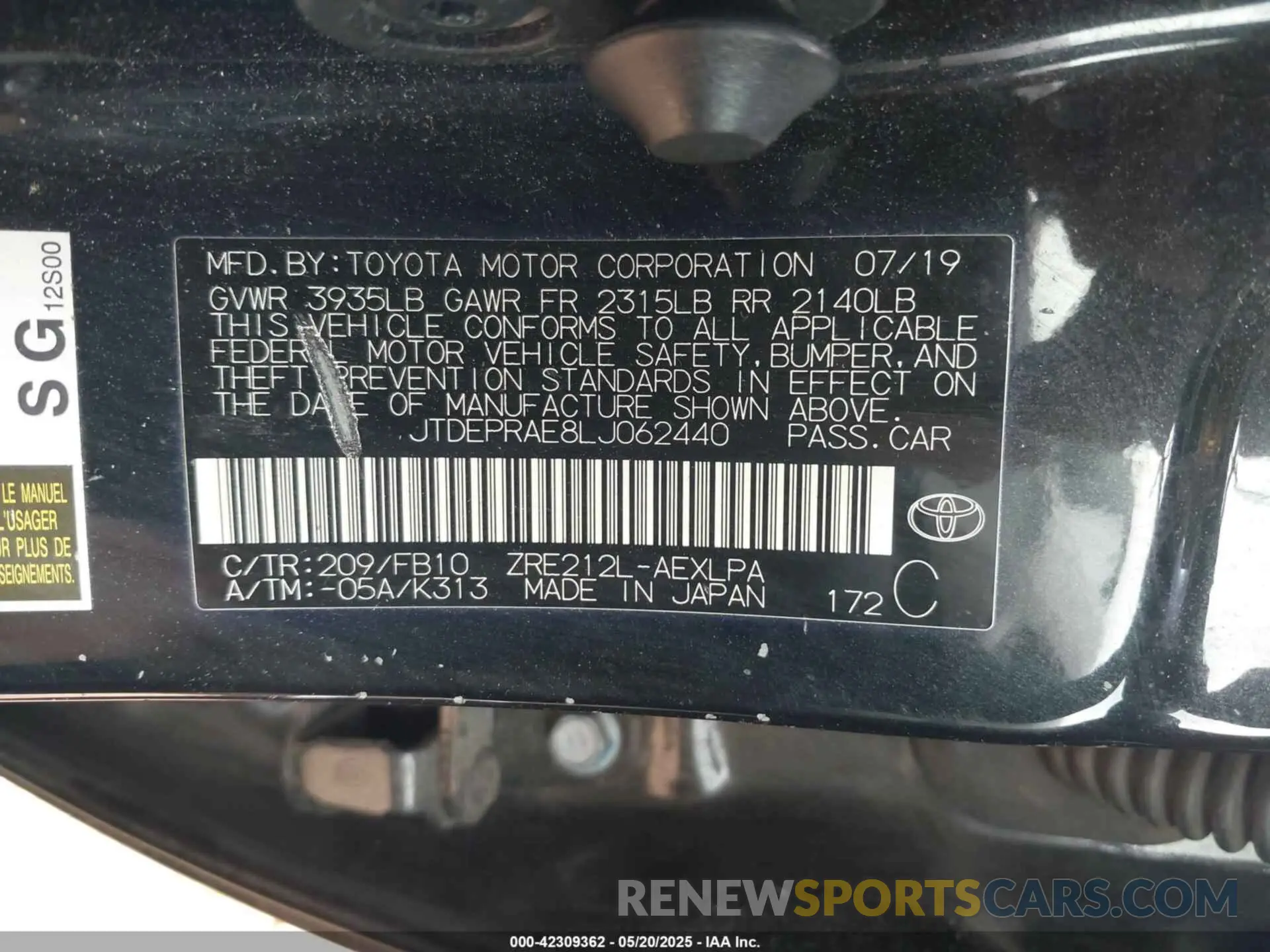 9 Photograph of a damaged car JTDEPRAE8LJ062440 TOYOTA COROLLA 2020