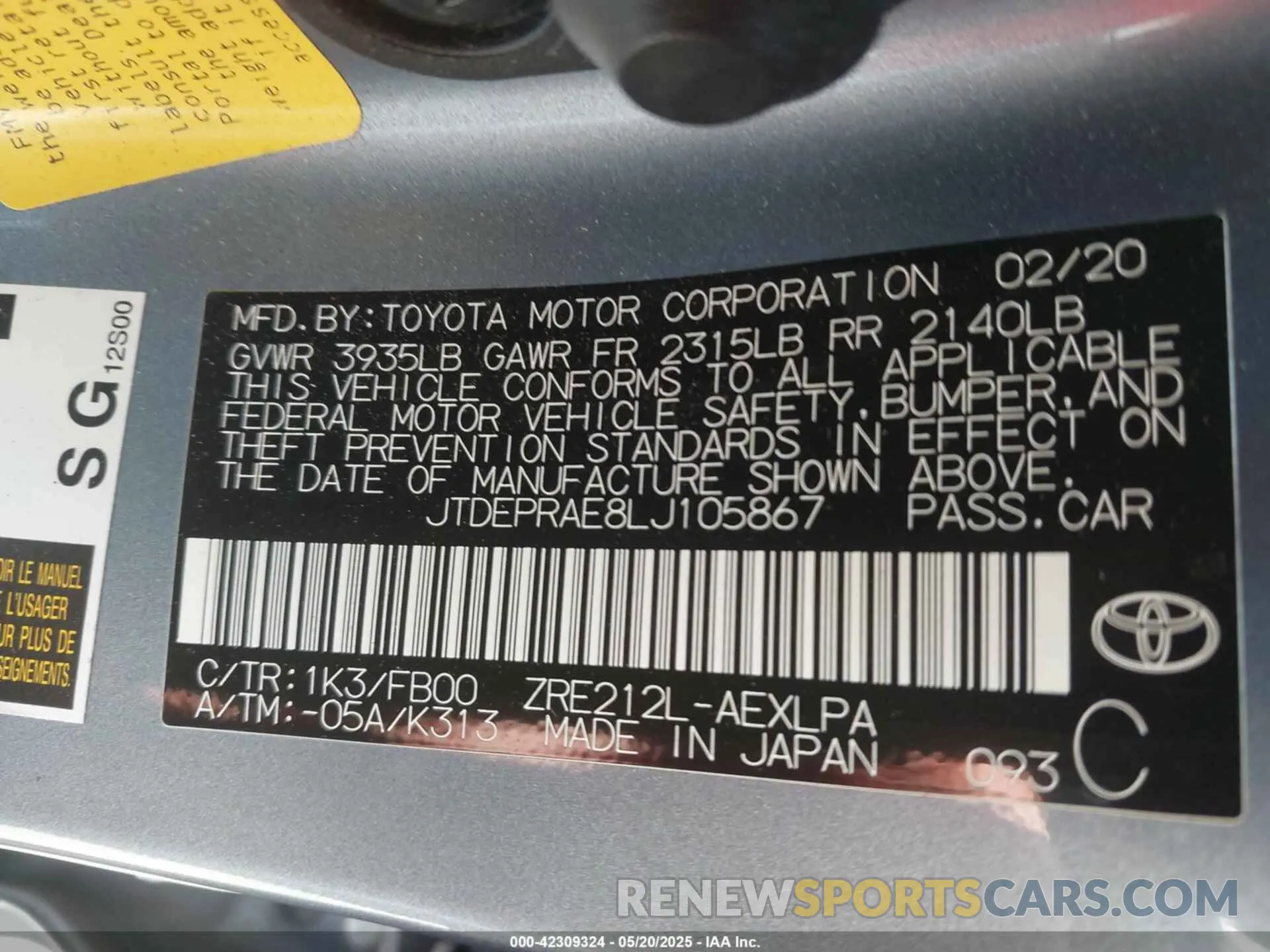 9 Photograph of a damaged car JTDEPRAE8LJ105867 TOYOTA COROLLA 2020