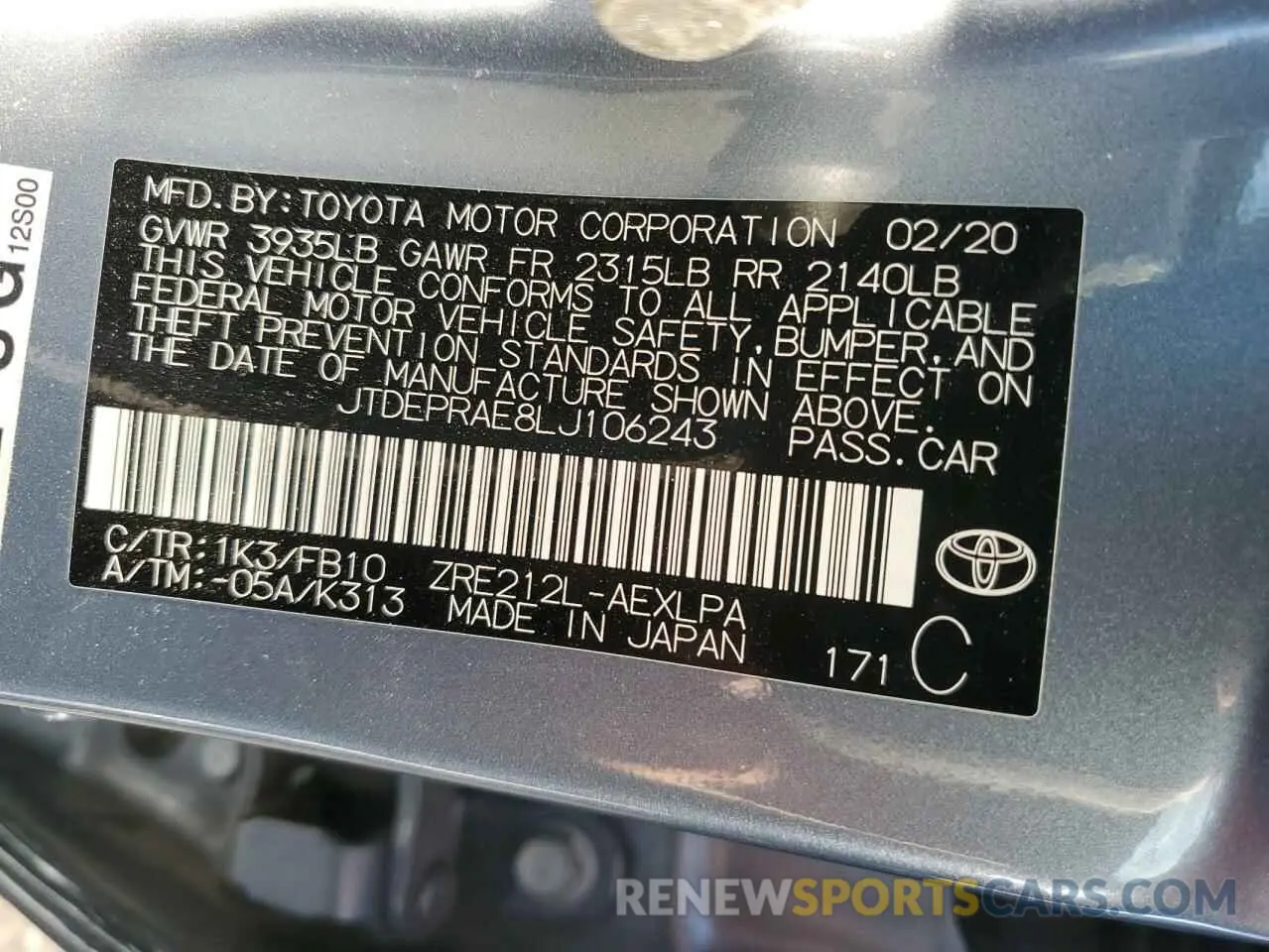 13 Photograph of a damaged car JTDEPRAE8LJ106243 TOYOTA COROLLA 2020