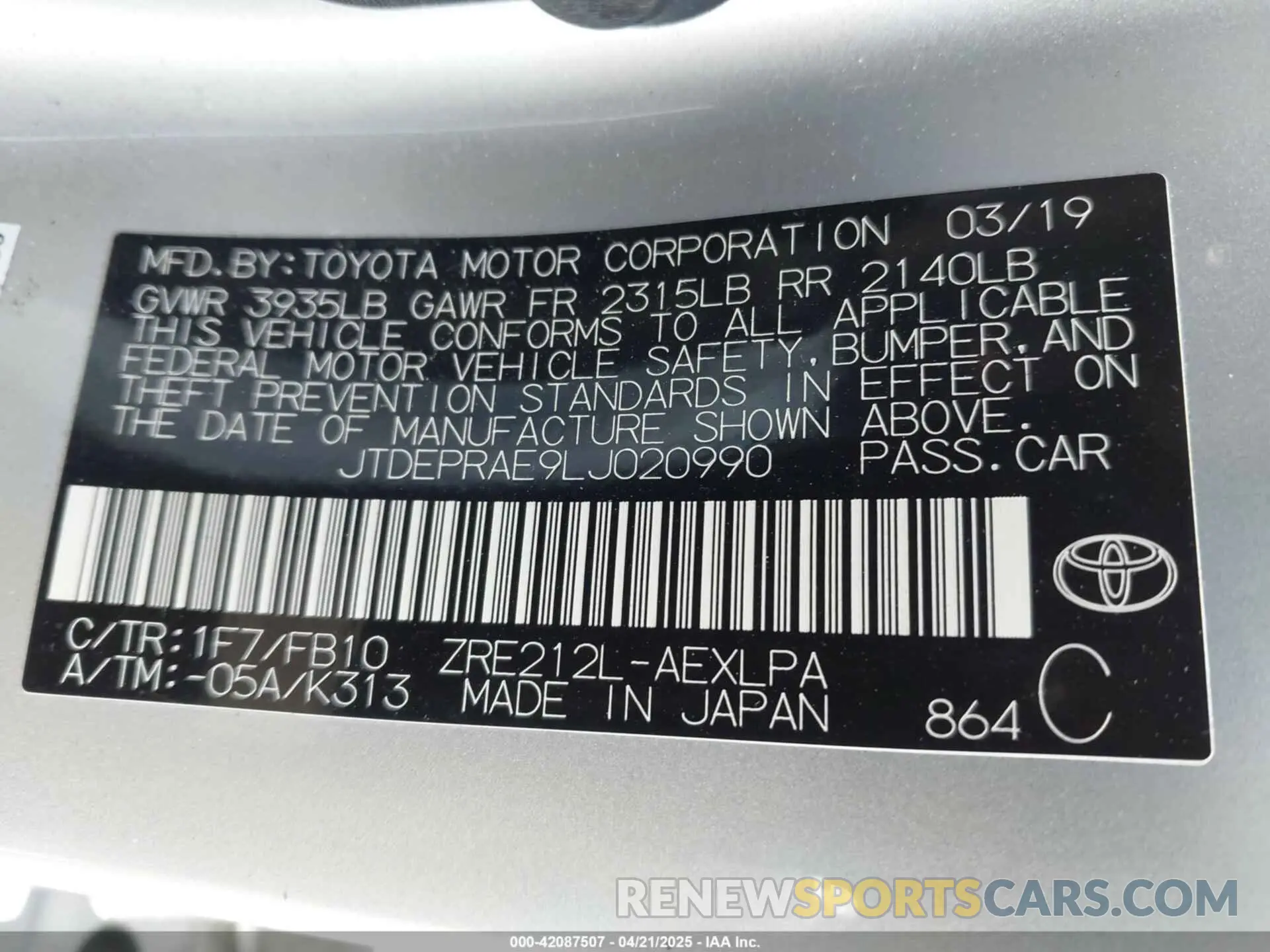 9 Photograph of a damaged car JTDEPRAE9LJ020990 TOYOTA COROLLA 2020
